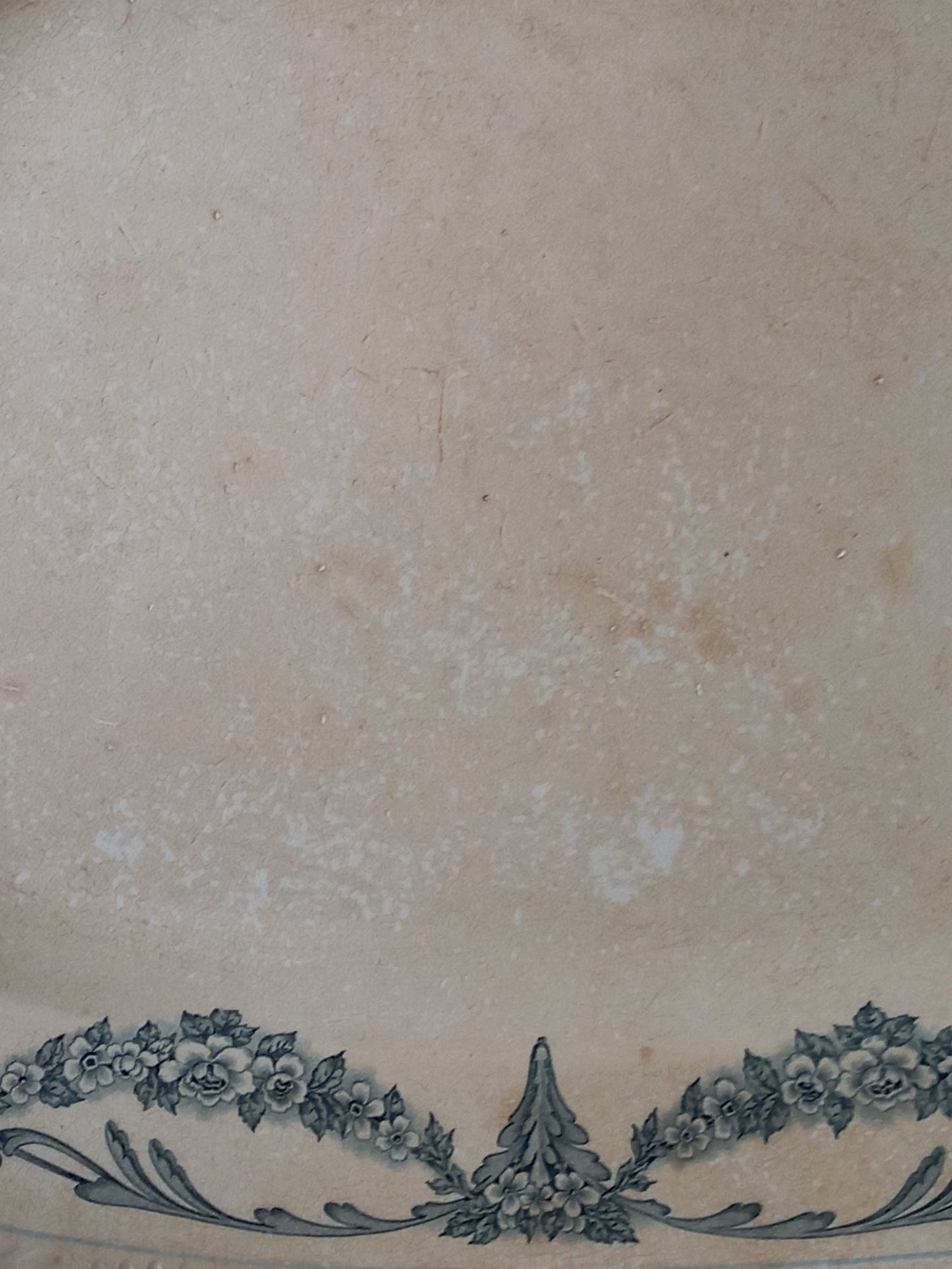 Close-up of antique aged white ironstone plate/platter with pretty blue floral pattern.