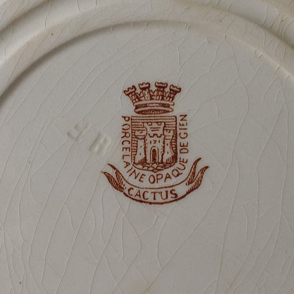 A fabulous pair of French antique ironstone creamy white plates with a sepia transferware pattern called 'Cactus' - these pieces were manufactured by famous French manufacturer Gien. They are wonderfully time-worn with lots of general crazing and horizontal crazing (see photos).