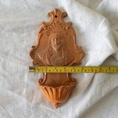 French antique glazed stoneware Holy Water font/stoup with Jesus Christ in relief.