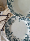 French Antique Large White Ironstone Plate and Dish with Teal Floral Transferware Pattern