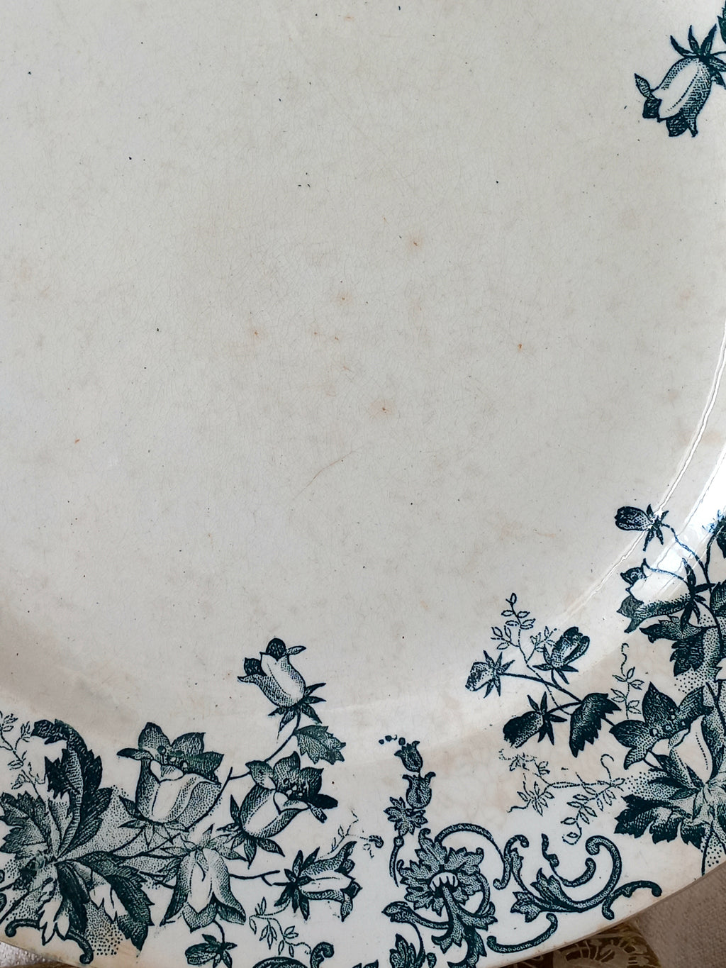 Close-up of a ceramic plate with floral patterns on a textured surface