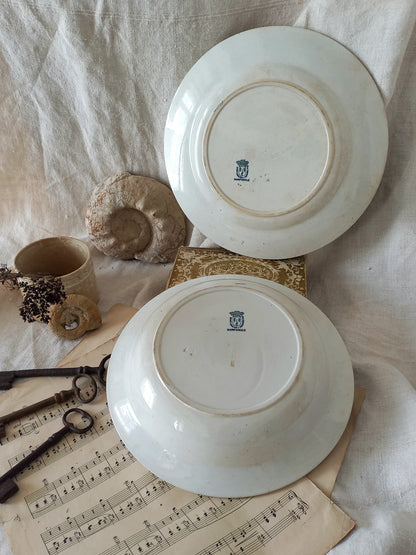 Two white ceramic plates with a logo on a textured surface with a cup, keys, and sheet music.