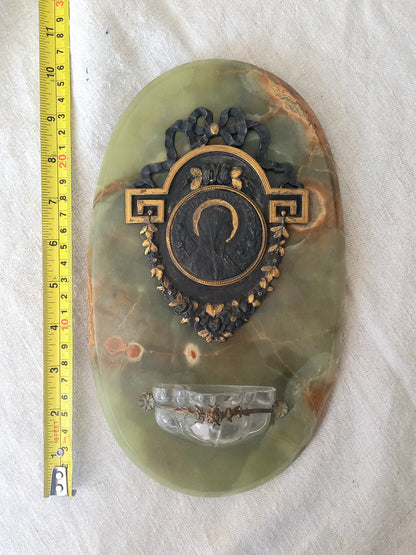 French antique Holy Water font made from onyx with intricate decorative detailing made from metal, a glass water font , and a brass back-plate with a hanging hook.