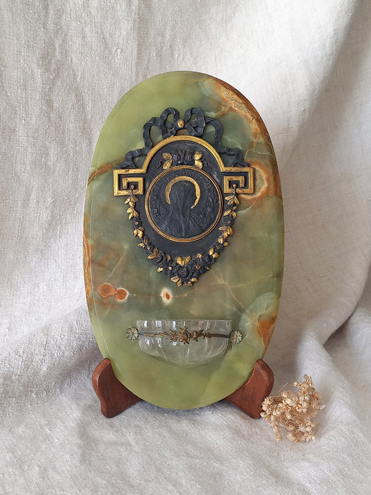 French antique Holy Water font made from onyx with intricate decorative detailing made from metal, a glass water font , and a brass back-plate with a hanging hook.