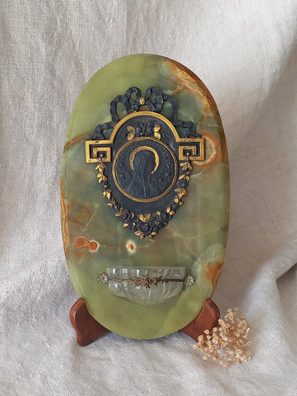 French antique Holy Water font made from onyx with intricate decorative detailing made from metal, a glass water font , and a brass back-plate with a hanging hook.