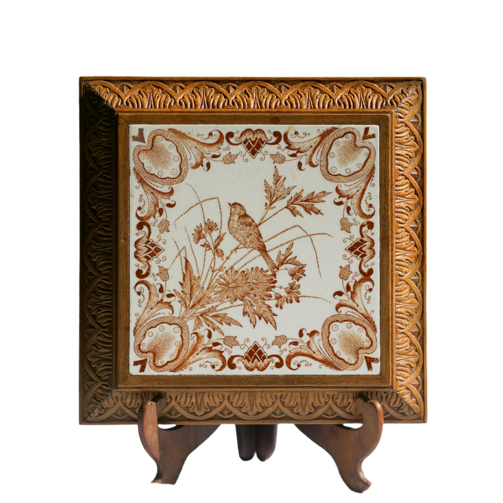 Antique Decorative Ceramic Bird Trivet with Carved Wooden Frame
