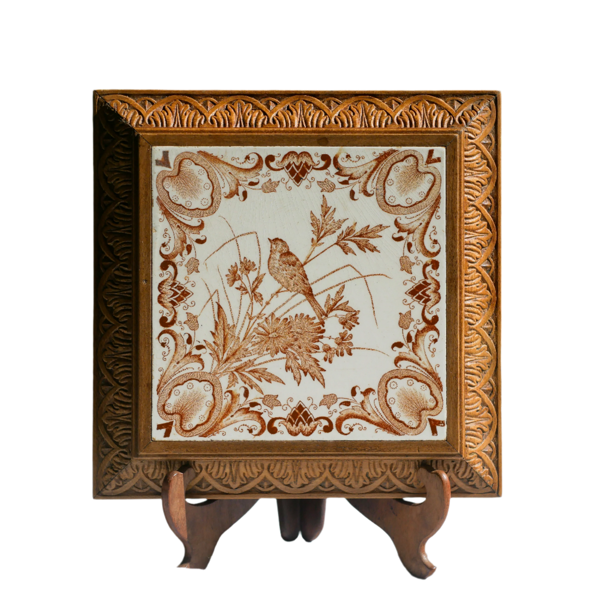 Antique Decorative Ceramic Bird Trivet with Carved Wooden Frame