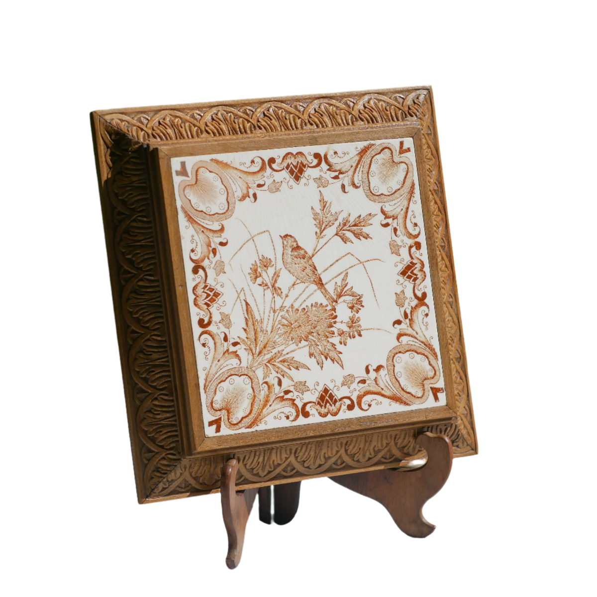 Antique Decorative Ceramic Bird Trivet with Carved Wooden Frame