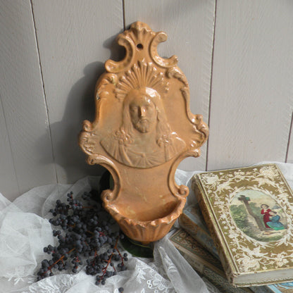 French antique glazed stoneware Holy Water font/stoup with Jesus Christ in relief.