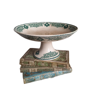 French antique ironstone compotier or footed cake plate with teal floral pattern, decorative fruit dish, dish for cakes