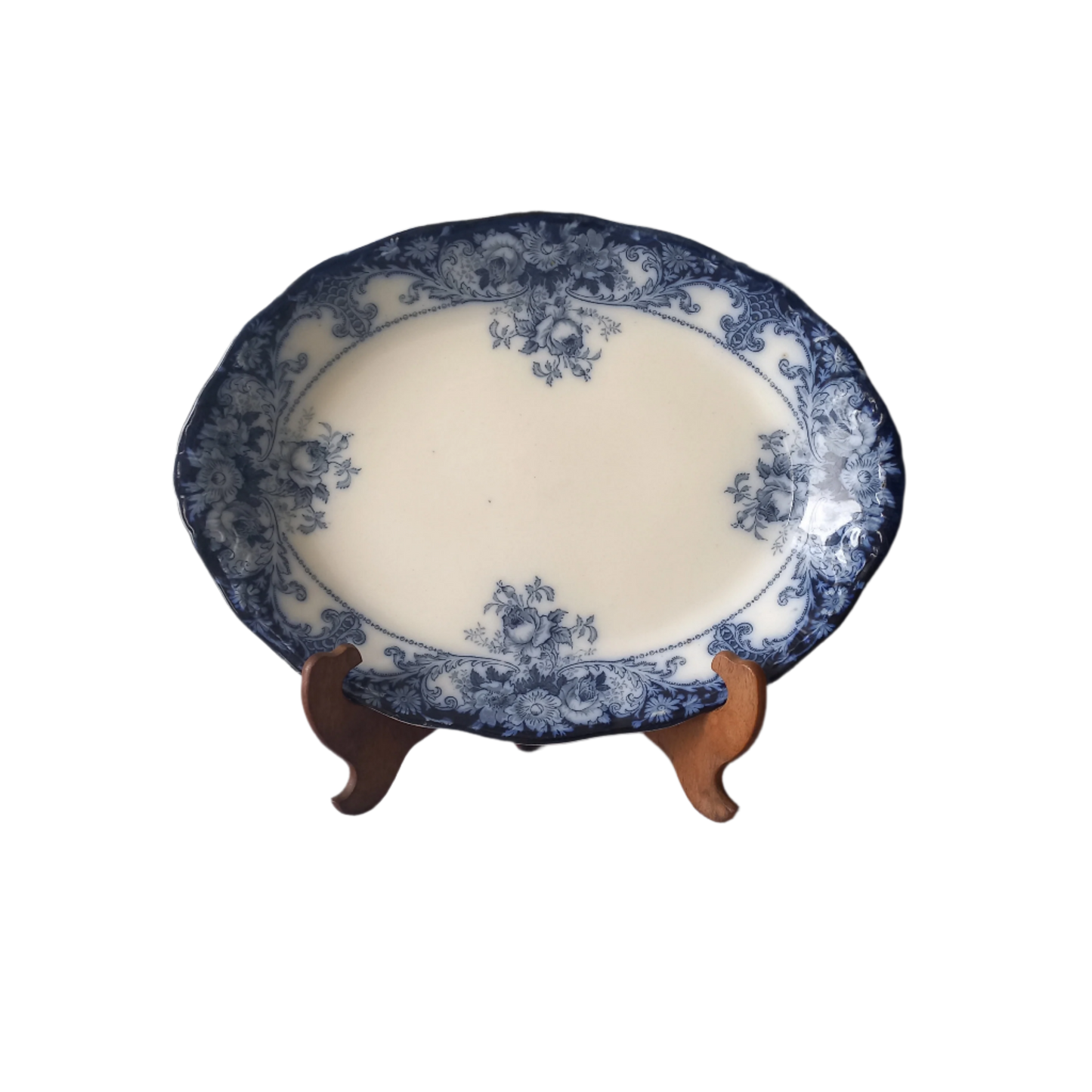 Antique ironstone oval serving plate with blue floral pattern, antique serving platter