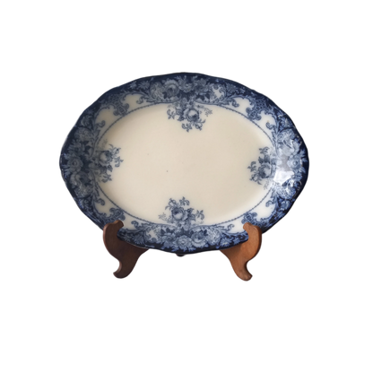 Antique ironstone oval serving plate with blue floral pattern, antique serving platter