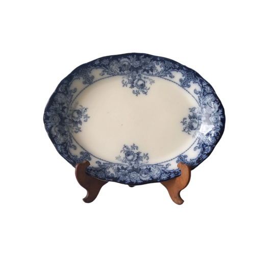 Antique ironstone oval serving plate with blue floral pattern, antique serving platter