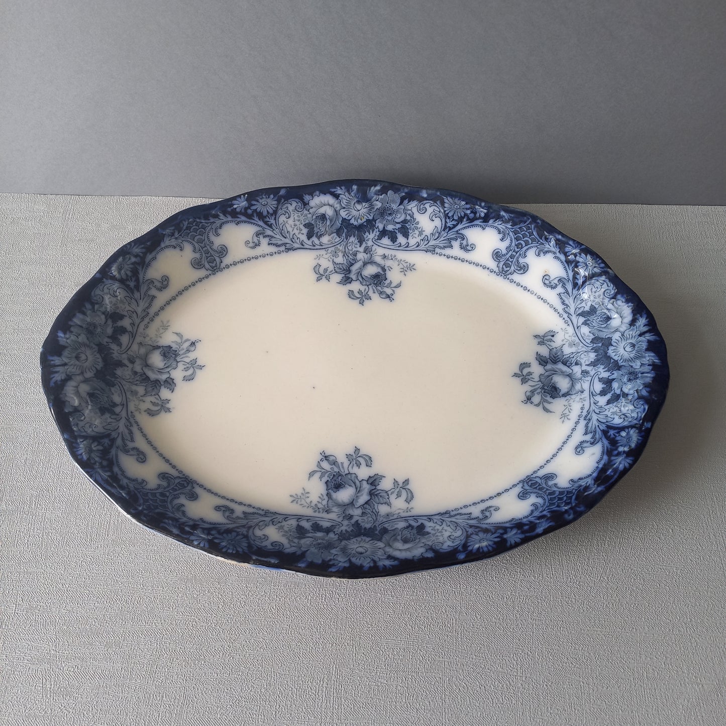 Antique ironstone oval serving plate with blue floral pattern, antique serving platter