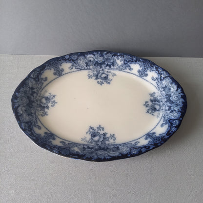 Antique ironstone oval serving plate with blue floral pattern, antique serving platter