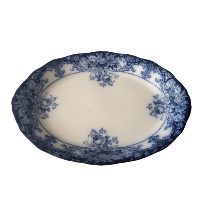 Antique ironstone oval serving plate with blue floral pattern, antique serving platter