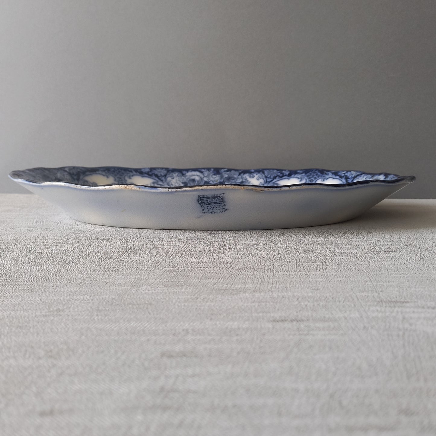 Antique ironstone oval serving plate with blue floral pattern, antique serving platter
