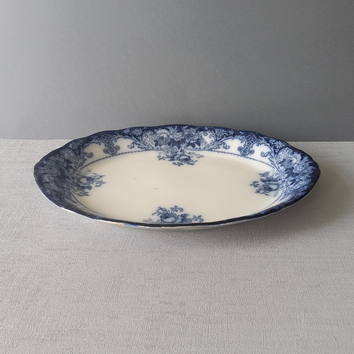 Antique ironstone oval serving plate with blue floral pattern, antique serving platter