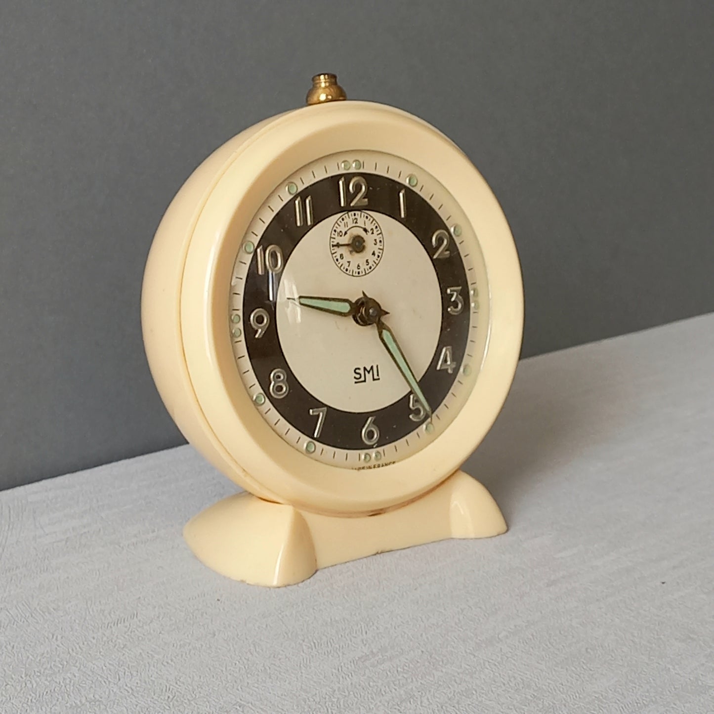 French vintage cream alarm clock by SMI, art deco mechanical clock