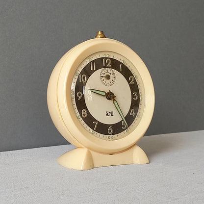 French vintage cream alarm clock by SMI, art deco mechanical clock