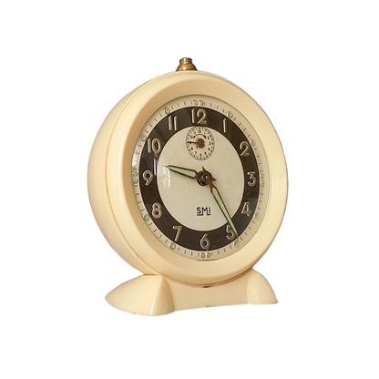 French vintage cream alarm clock by SMI, art deco mechanical clock