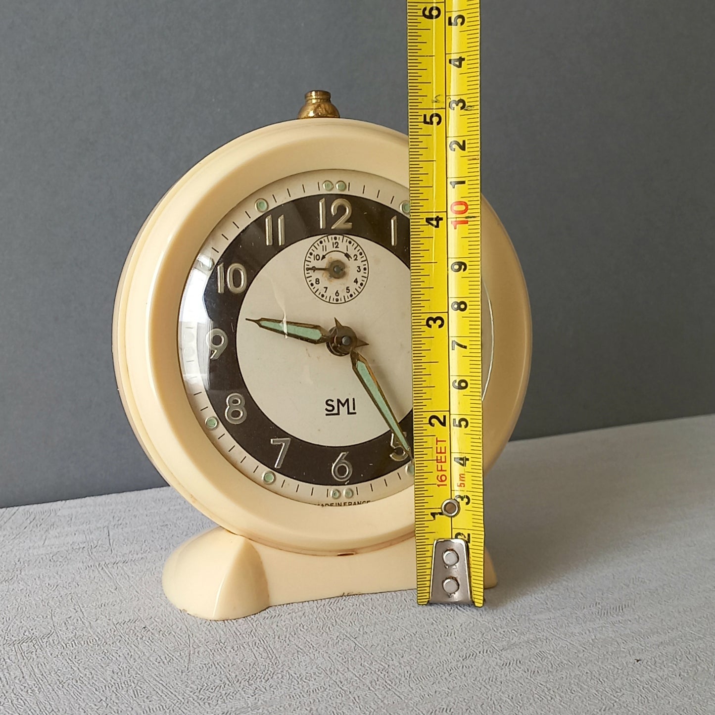 French vintage cream alarm clock by SMI, art deco mechanical clock