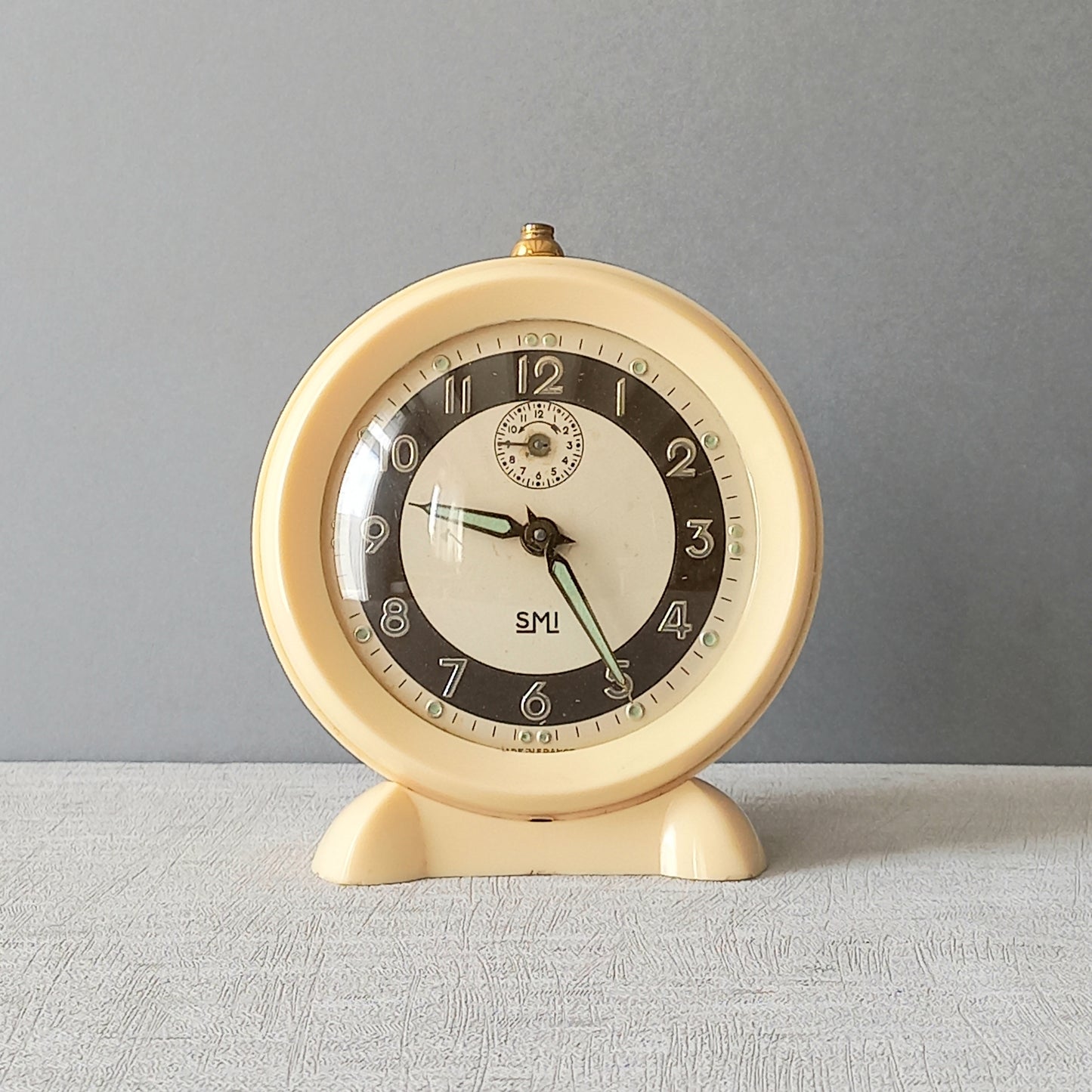 French vintage cream alarm clock by SMI, art deco mechanical clock