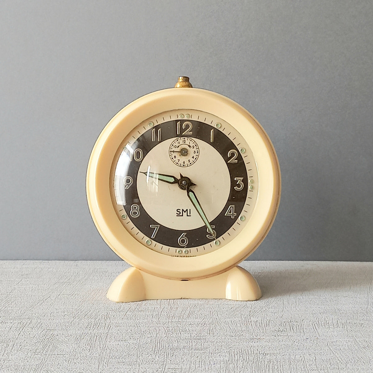 French vintage cream alarm clock by SMI, art deco mechanical clock