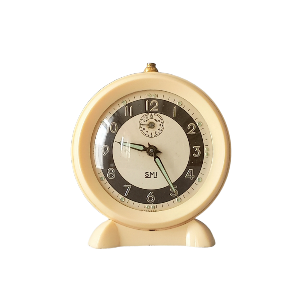 French vintage cream alarm clock by SMI, art deco mechanical clock