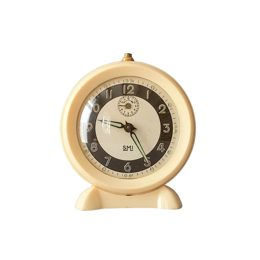 French vintage cream alarm clock by SMI, art deco mechanical clock
