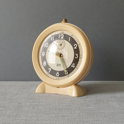 French vintage cream alarm clock by SMI, art deco mechanical clock