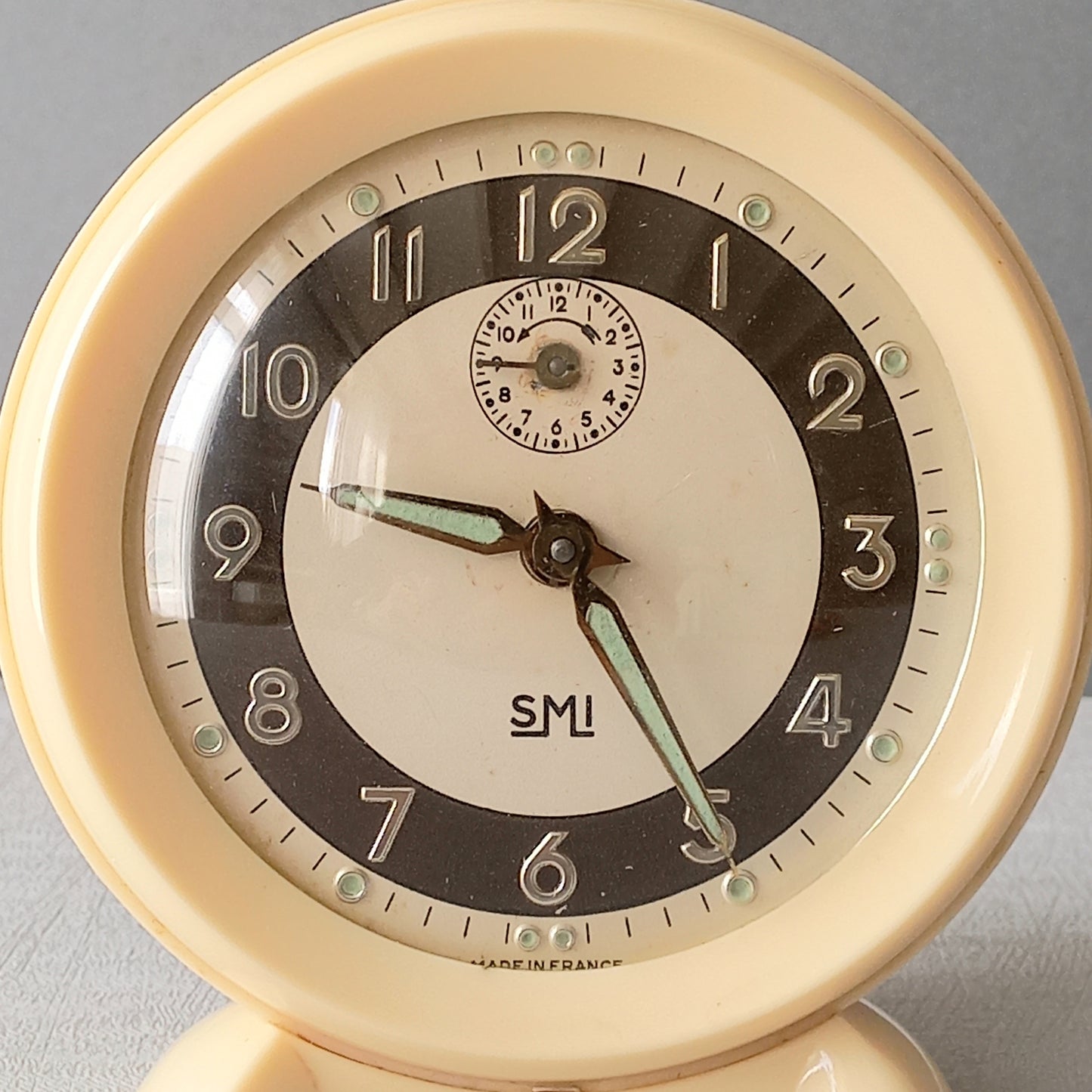 French vintage cream alarm clock by SMI, art deco mechanical clock