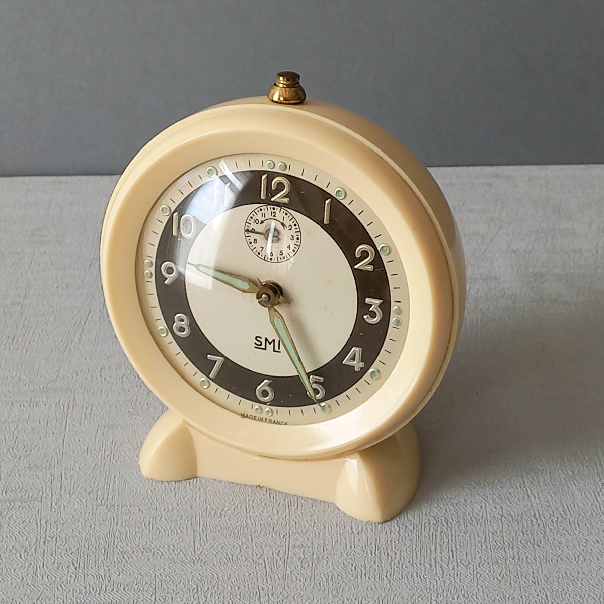 French vintage cream alarm clock by SMI, art deco mechanical clock