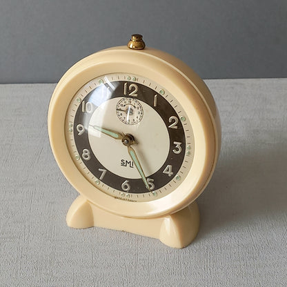 French vintage cream alarm clock by SMI, art deco mechanical clock