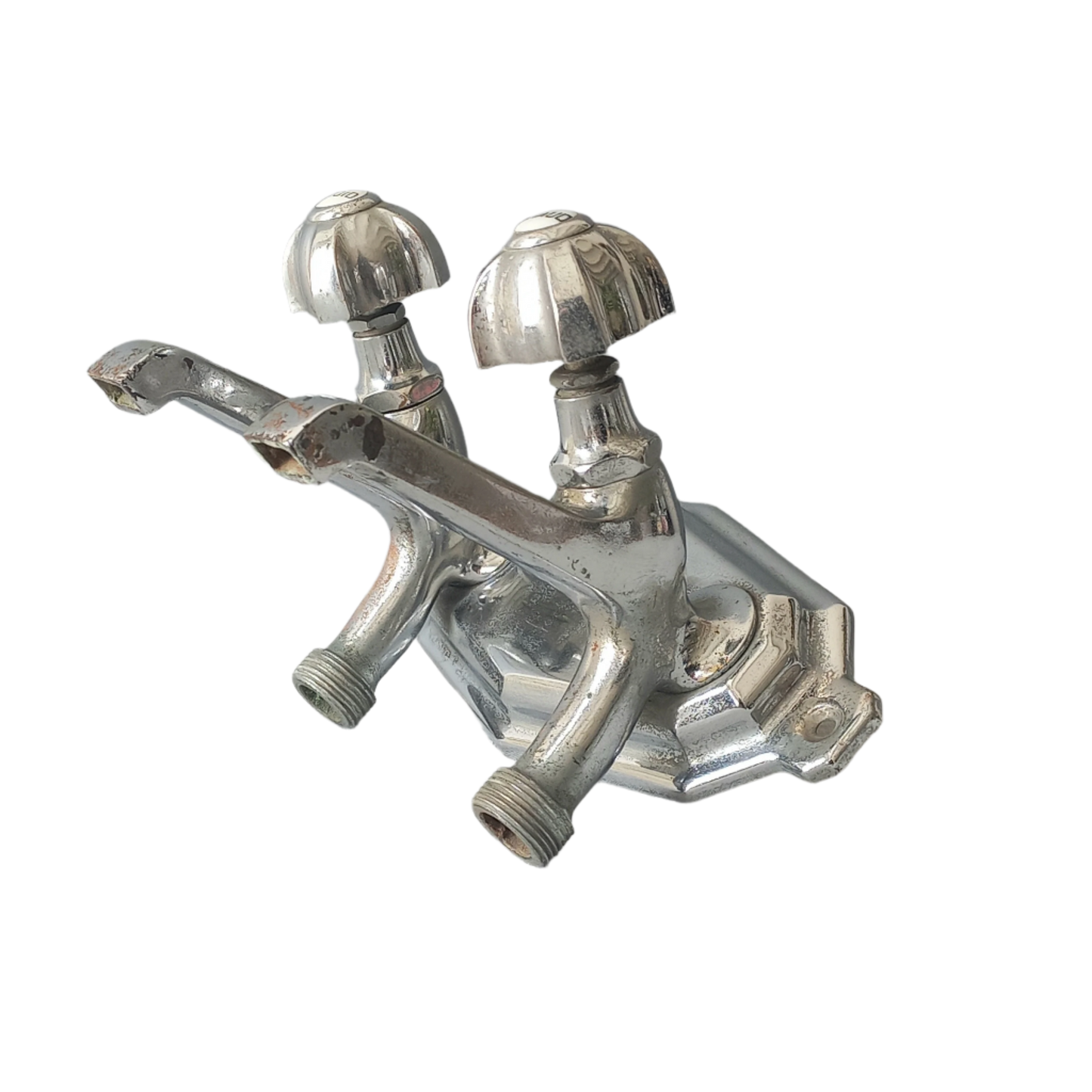 Stylish French vintage hot and cold faucet taps that are heavy, quality pieces probably dating from the 1930s time-frame. These old taps are being sold only as a restoration piece or project.