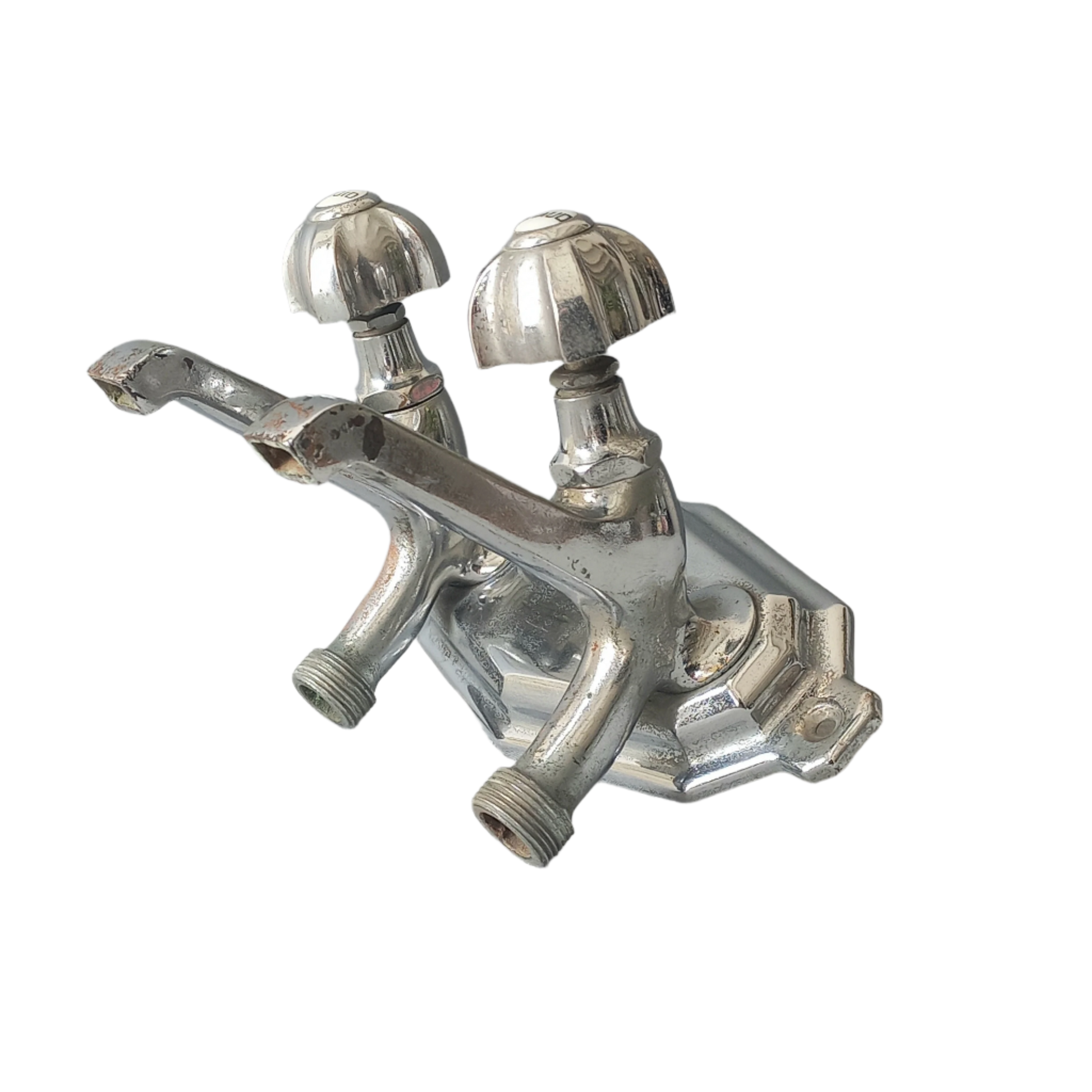 Stylish French vintage hot and cold faucet taps that are heavy, quality pieces probably dating from the 1930s time-frame. These old taps are being sold only as a restoration piece or project.