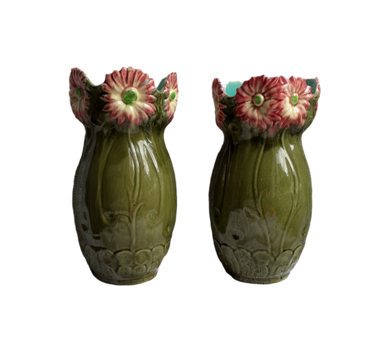 Pair of French vintage majolica vases, decorative vases, country home decor