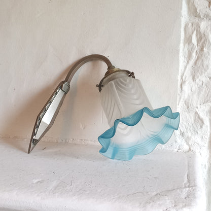 Antique wall light with white and blue tulip frosted glass lampshade