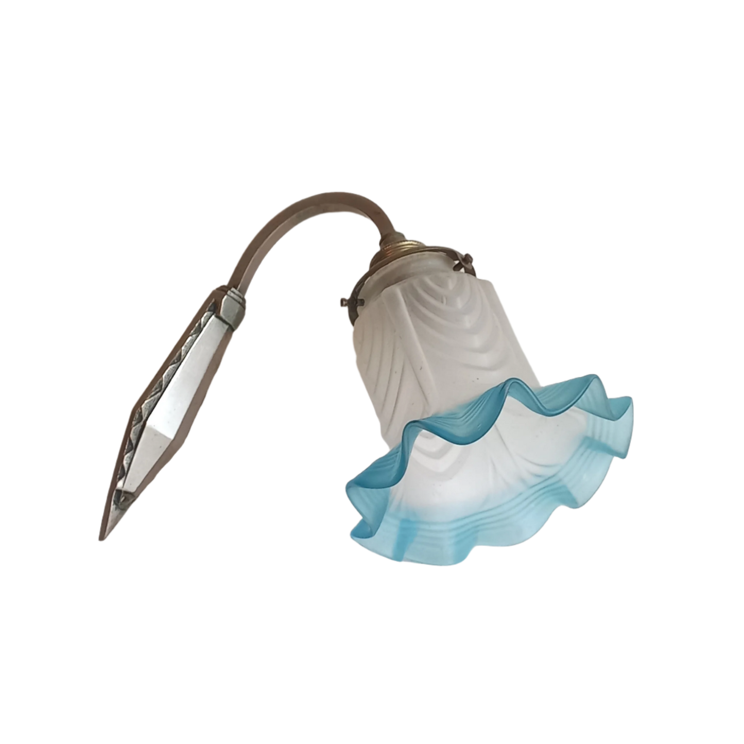 Antique wall light with white and blue tulip frosted glass lampshade