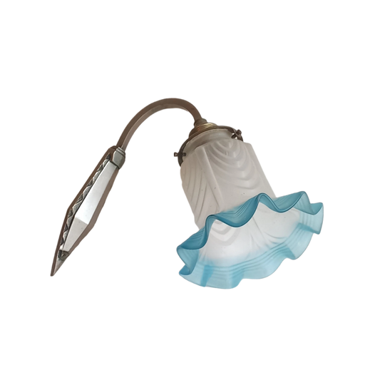 Antique wall light with white and blue tulip frosted glass lampshade