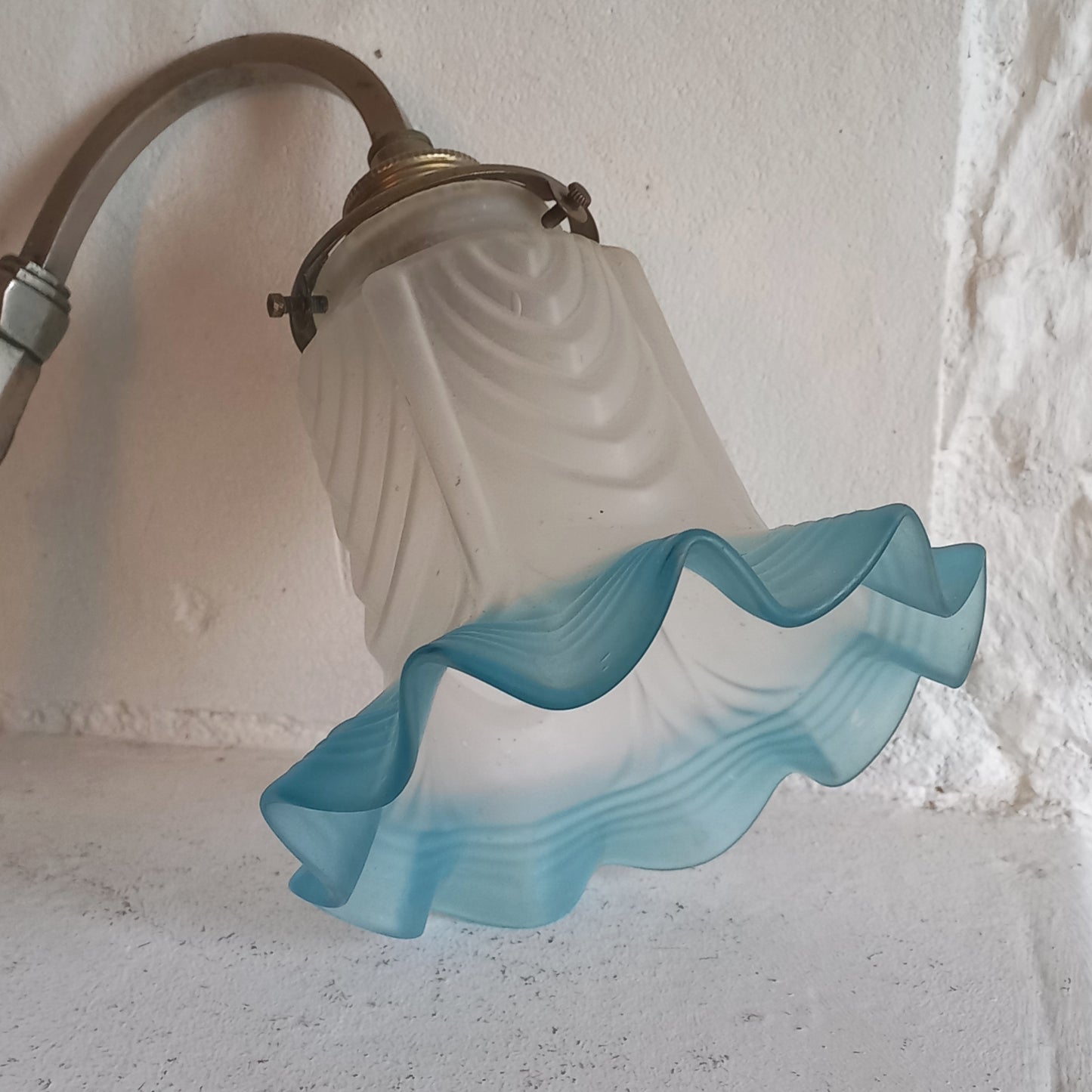 Antique wall light with white and blue tulip frosted glass lampshade