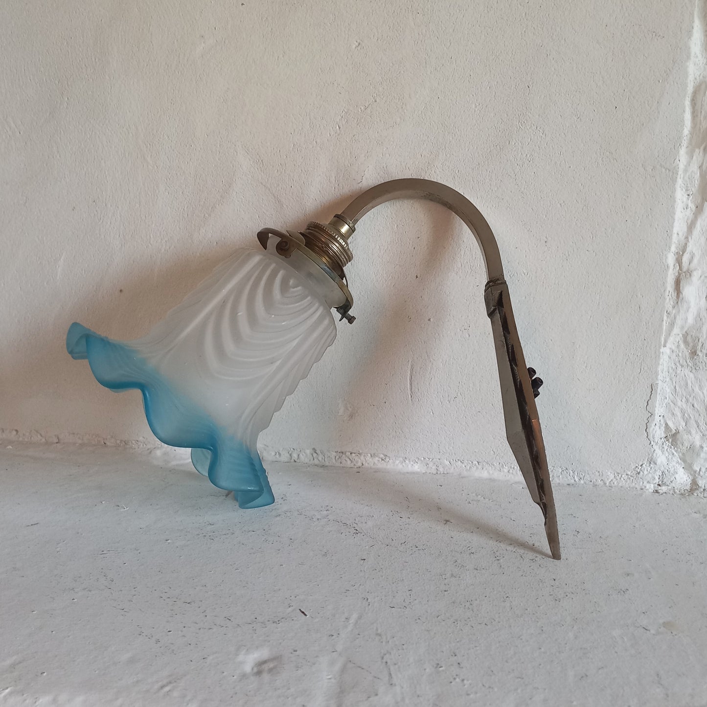 Antique wall light with white and blue tulip frosted glass lampshade