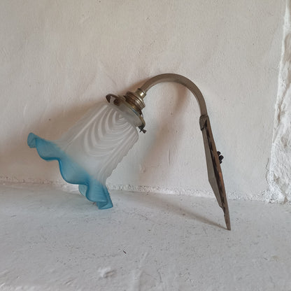Antique wall light with white and blue tulip frosted glass lampshade