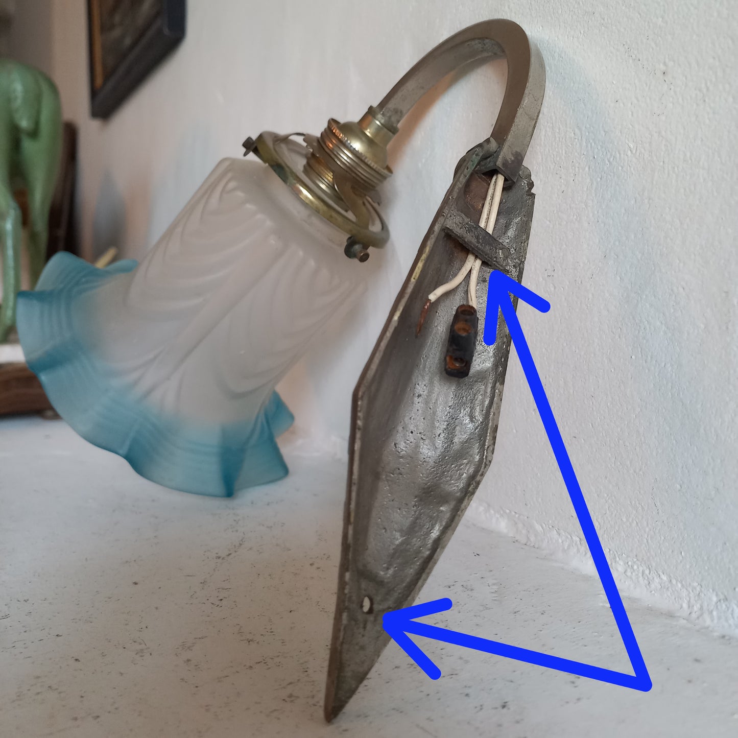 Antique wall light with white and blue tulip frosted glass lampshade