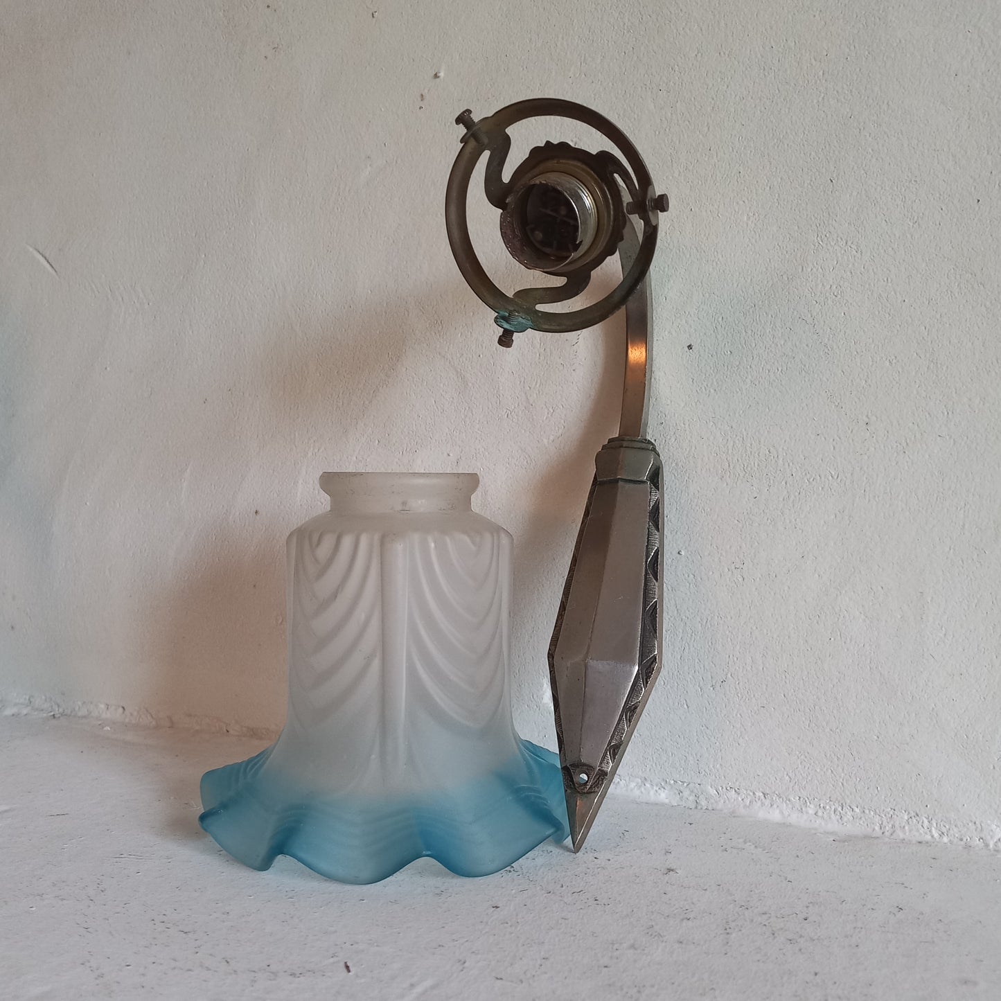 Antique wall light with white and blue tulip frosted glass lampshade