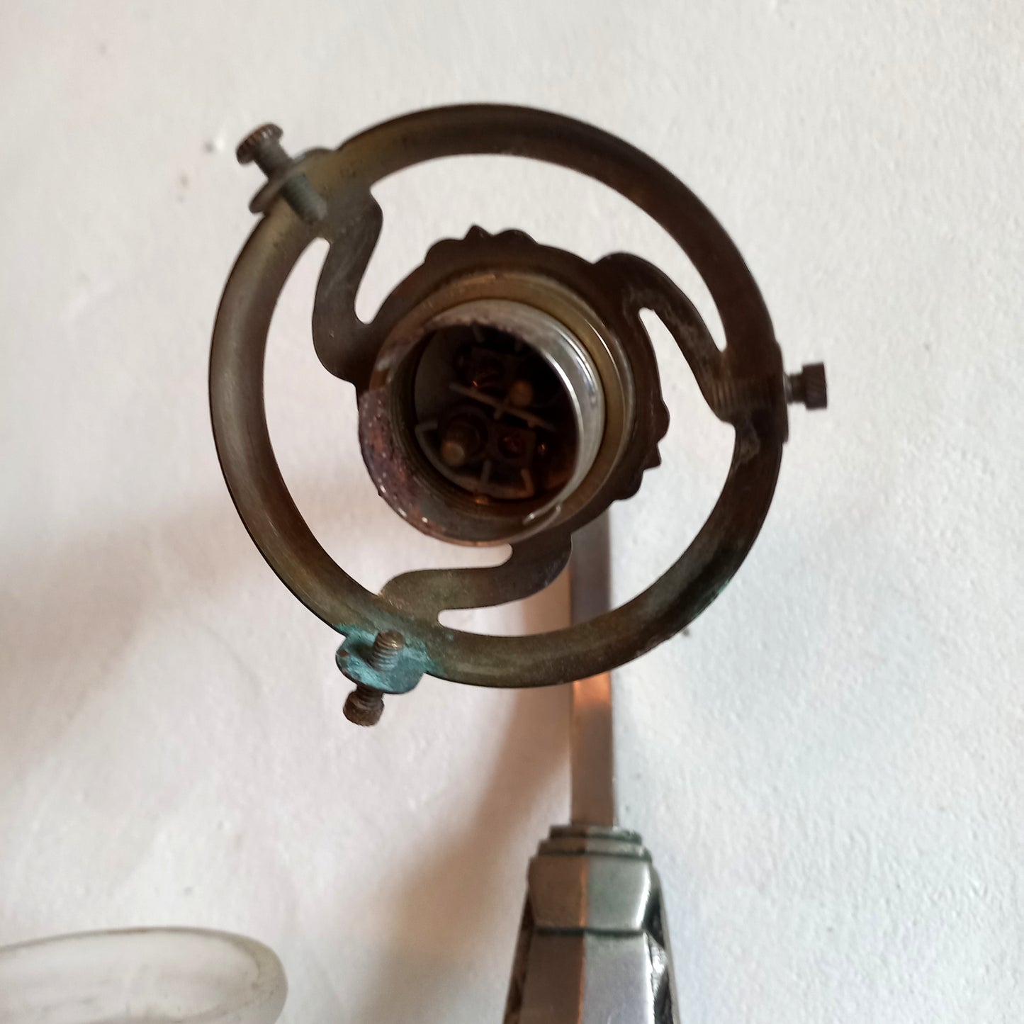 Antique wall light with white and blue tulip frosted glass lampshade