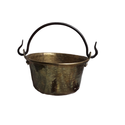 A wonderful little French vintage/antique brass hanging cauldron with an iron handle, a quality piece with substantial weight for its size. This delightful piece was hand-made, the joins beneath clearly visible,which makes it all the more charming. It will make a super piece of home decor or a hanging planter.