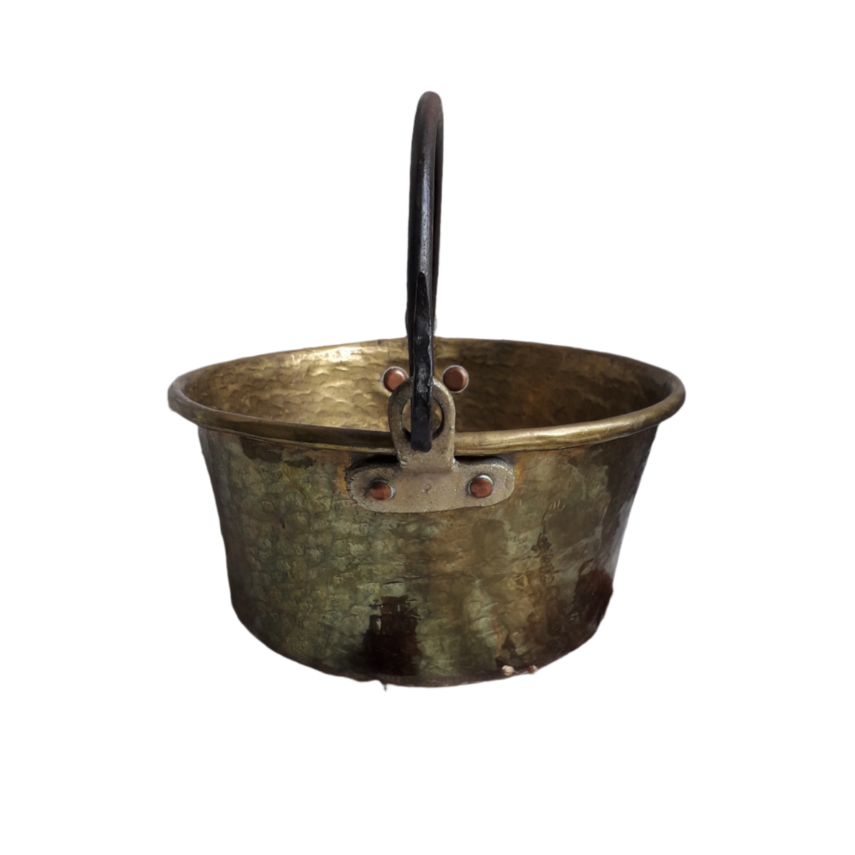 A wonderful little French vintage/antique brass hanging cauldron with an iron handle, a quality piece with substantial weight for its size. This delightful piece was hand-made, the joins beneath clearly visible,which makes it all the more charming. It will make a super piece of home decor or a hanging planter.