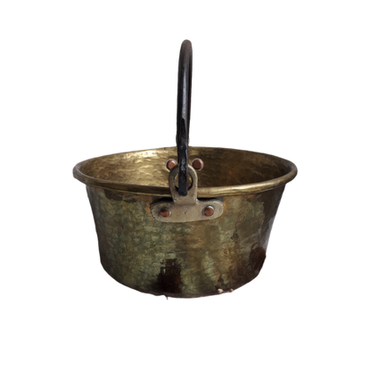A wonderful little French vintage/antique brass hanging cauldron with an iron handle, a quality piece with substantial weight for its size. This delightful piece was hand-made, the joins beneath clearly visible,which makes it all the more charming. It will make a super piece of home decor or a hanging planter.