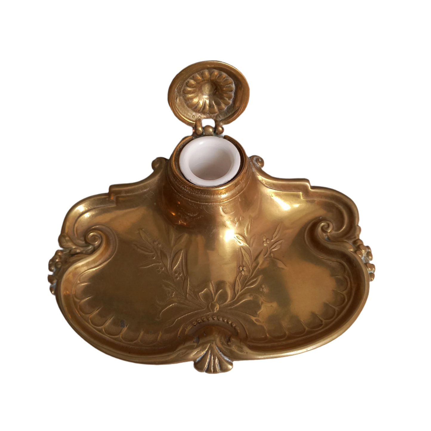 Decorative vintage brass inkwell with white porcelain ink cup